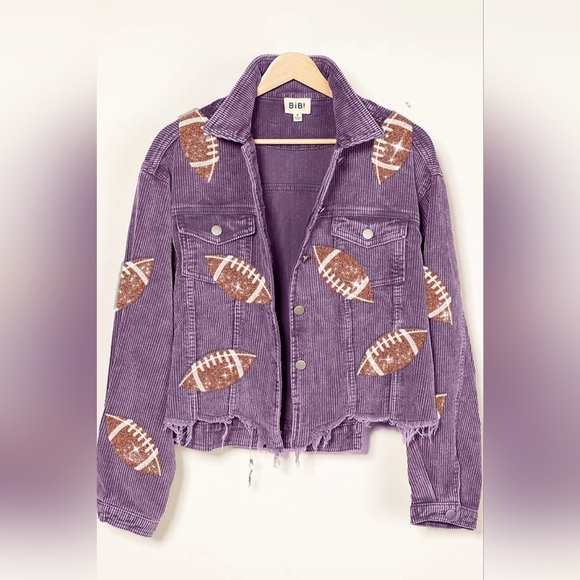 Football Sequin Embroidery Washed Purple Corduroy Jacket - Picture 2 of 4